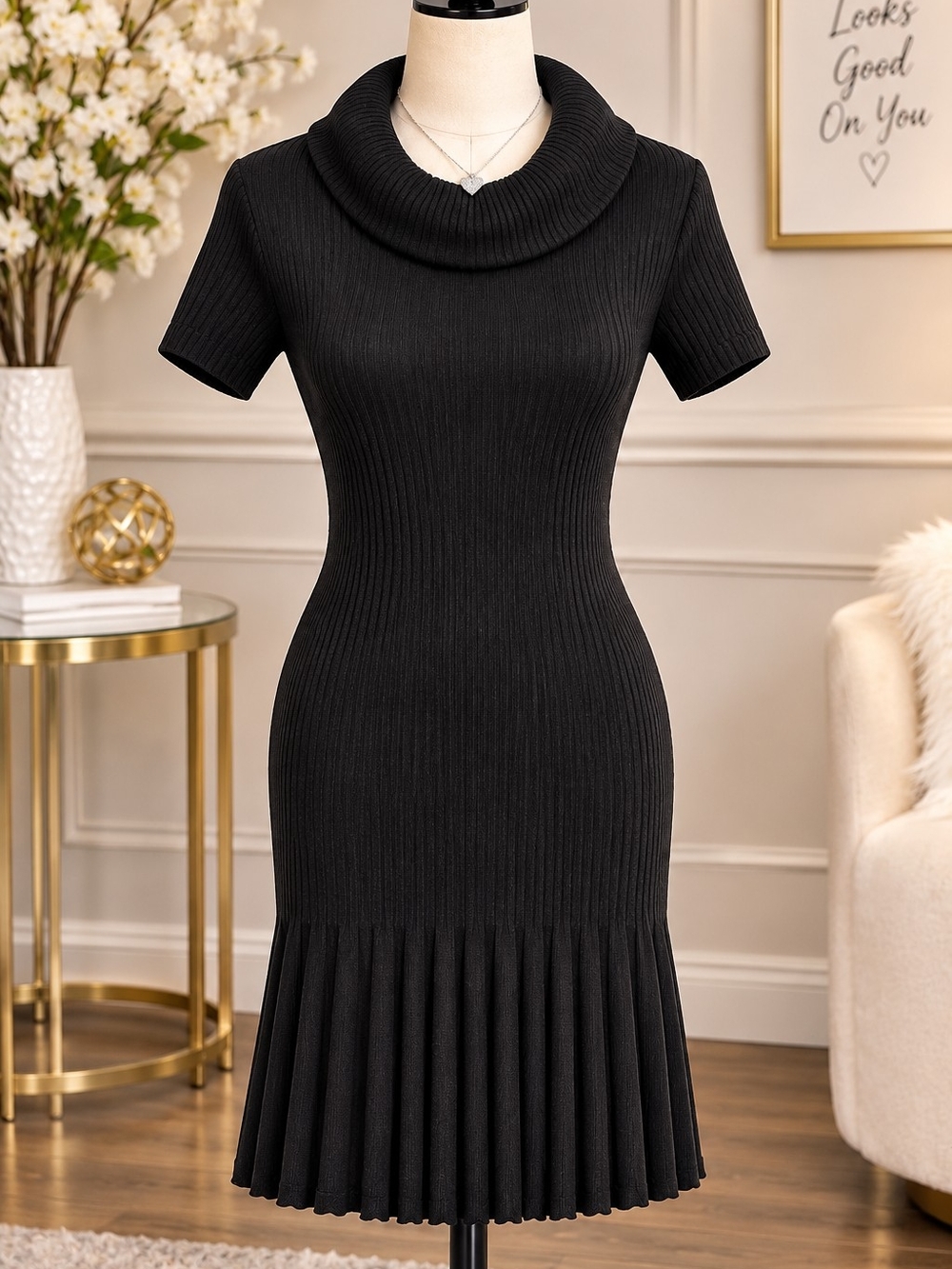 Black Ribbed Knit Fit-and-Flare Dress